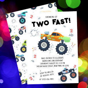 Zwei schnelle farbenfrohe Monster-Trucks zum 2. Ge Einladung