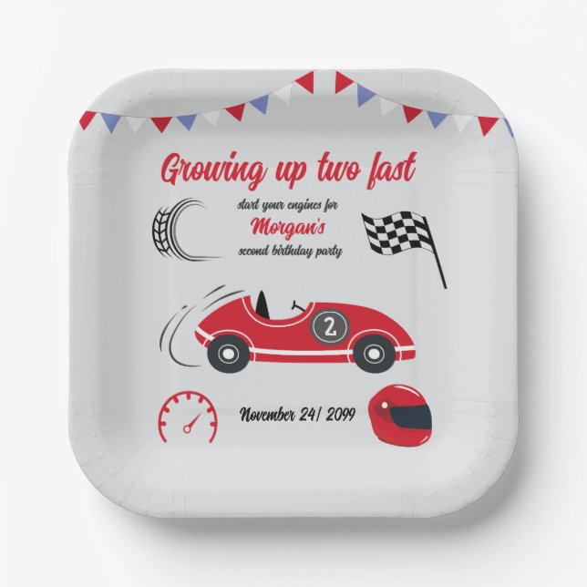 Zwei schnelle festliche Red Race Car zum Geburtsta Pappteller (Vorderseite)