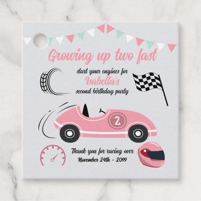 Zwei schnelle festliche rosa Rennwagen zum Geburts Geschenkanhänger (Vorderseite)
