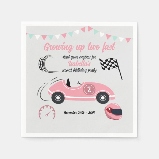 Zwei schnelle festliche rosa Rennwagen zum Geburts Serviette (Vorderseite)