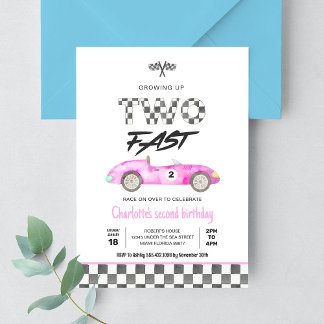 Zwei schnelle Girl Pink Race Car Vintag Geburtstag Einladung