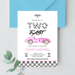 Zwei schnelle Mädchen rosa Rennwagen Vintage Gebur Einladung