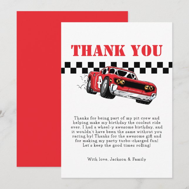 Zwei schnelle moderne Red Race Car Boy 2. Geburtst Dankeskarte (Vorne/Hinten)