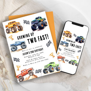 Zwei schnelle Monster Trucks 2. Geburtstag Party Einladung