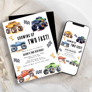 Zwei schnelle Monster Trucks 2. Geburtstagsfeier Einladung