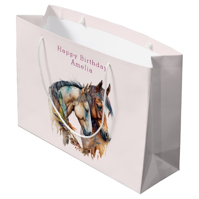 Zwei schöne Pferde Western Boho Birthday Große Geschenktüte (Rückseite Schrägansicht)