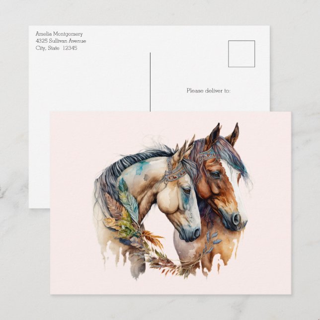 Zwei schöne Pferde Western Boho Postkarte (Vorne/Hinten)
