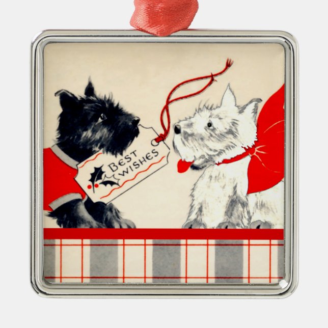 Zwei schottische Hunde, schwarz und weiß Ornament Aus Metall (Vorne)