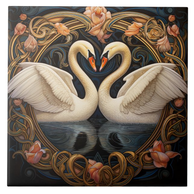 Zwei Schwäne am See Jugendstil Inspirierte Wohnges Fliese (Vorderseite)