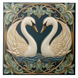 Zwei Schwäne am See Jugendstil Inspirierte Wohnges Fliese