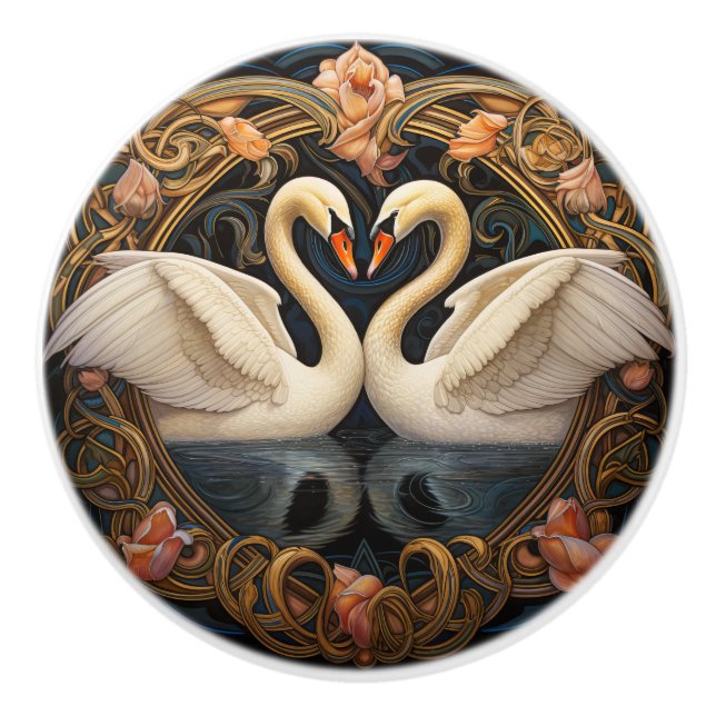 Zwei Schwäne am See Jugendstil Inspirierte Wohnges Keramikknauf (Vorderseite)