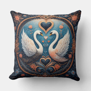 Zwei Schwäne mit floralem und ornamentalen Design Kissen