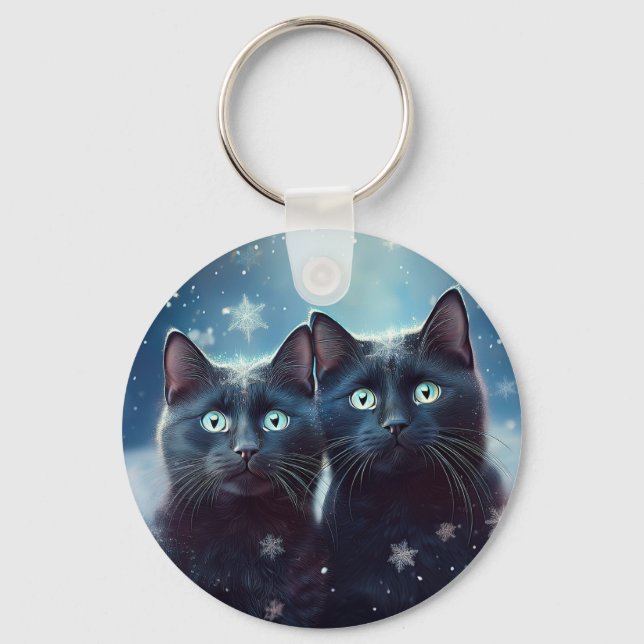 Zwei schwarze Katzen werden angeschneit Schlüsselanhänger (Vorderseite)