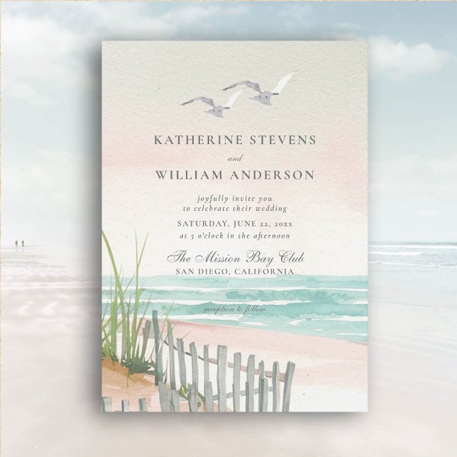 Zwei Seagulls Ocean Beach Fence Einladung (beach wedding invitation dreamy watercolor ocean fence seagulls formal modern classic)
