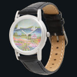 Zwei Segelboote und Hütte Armbanduhr<br><div class="desc">Zwei Segelboote und Hütte I von Karen Fields. Helle,  lustige Szene mit Blume,  Bäumen,  einer Hütte und Segelbooten auf dem Wasser.</div>