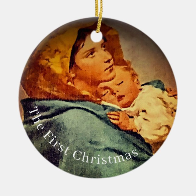 Zwei-seitige erste Weihnachtsschmuck-Foto Keramik Ornament (Vorne)
