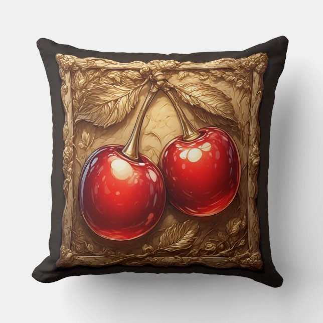 Zwei Shiny Red Cherries mit goldenen Blätter Kissen (Vorderseite)