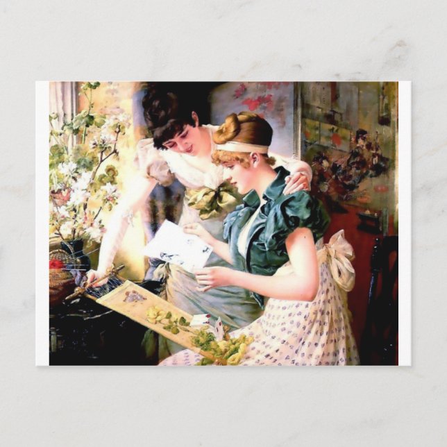 Zwei Sisters Friends Reading Letter Malerei Postkarte (Vorderseite)