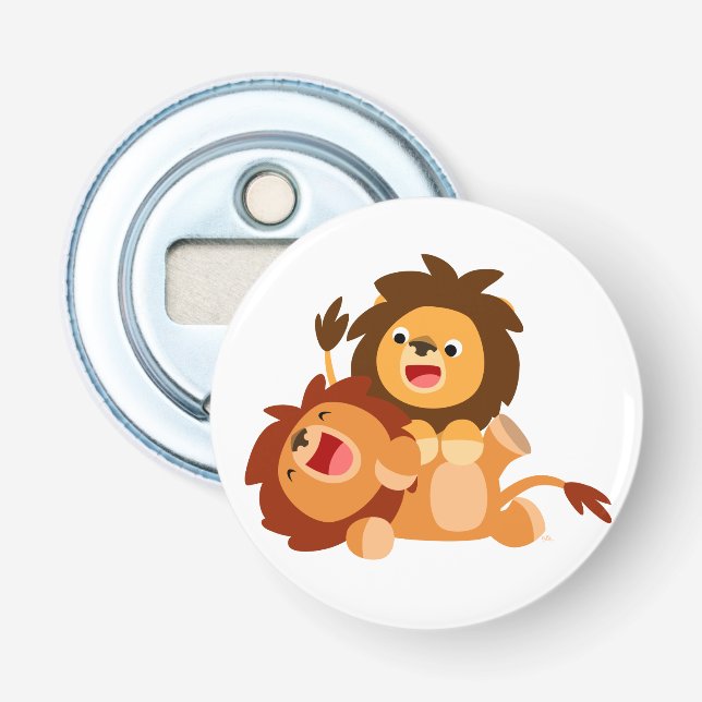 Zwei spielende Cartoon Lions Button Flaschenöffner (Vorderseite)