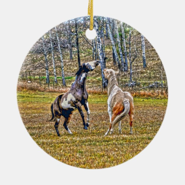 Zwei spielerische Pinto Paint Horses Equine Art De Keramikornament (Hinten)