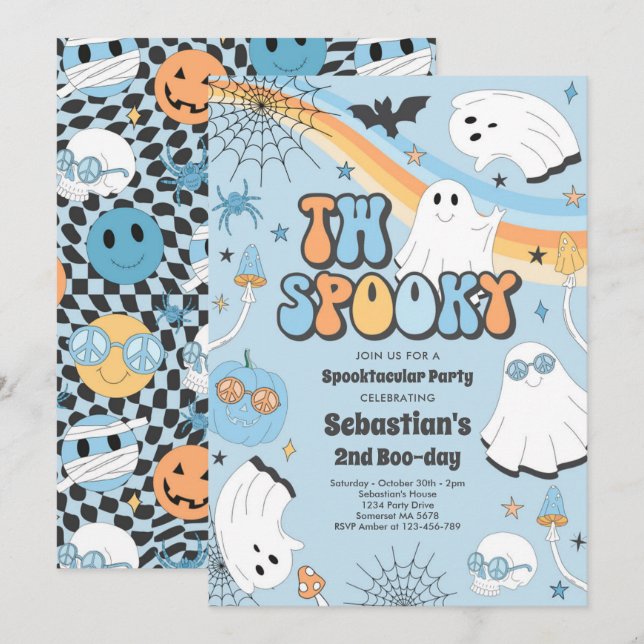 Zwei Spooky Halloween Groovy Ghost 2. Geburtstag Einladung (Vorne/Hinten)