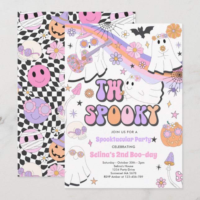 Zwei Spooky Halloween Groovy Ghost 2. Geburtstag Einladung (Vorne/Hinten)