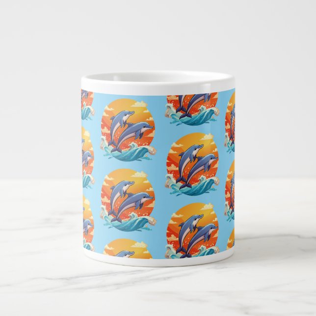 Zwei springende Cartoon-Delfine Jumbo-Tasse (Vorderseite)