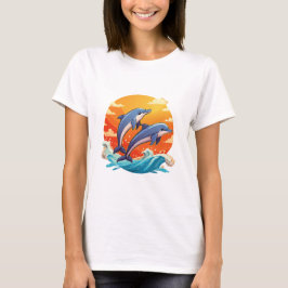 Zwei springende Cartoon-Delfine T-Shirt