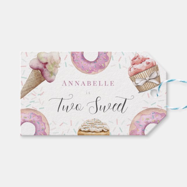 Zwei süße Cupcake & Donuts Girl 2. Geburtstag Geschenkanhänger (Vorderseite (Horizontal))