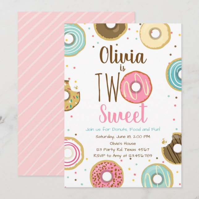 Zwei süße Girl Pink Donut 2. Geburtstag Einladung (Vorne/Hinten)