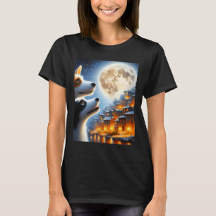 Zwei süße Haustierhunde, die zum Vollmond aufschau T-Shirt