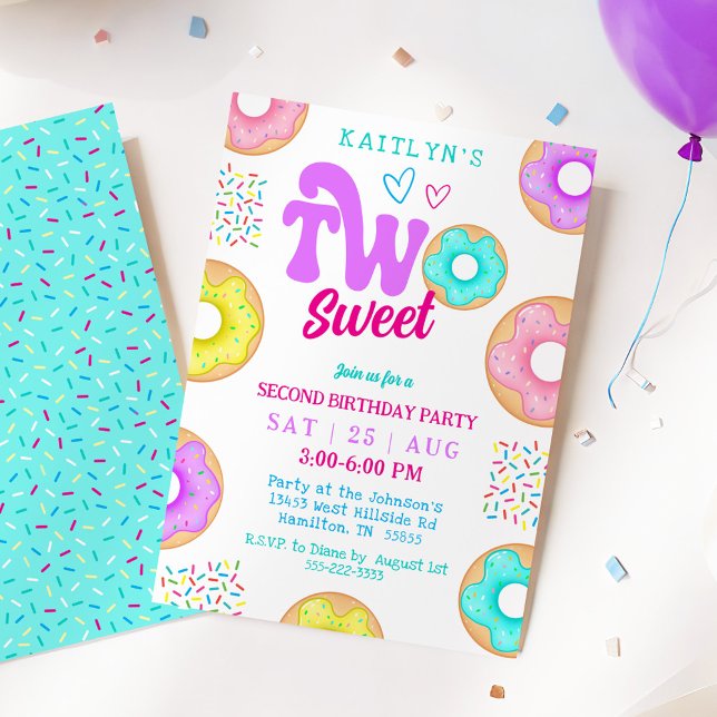 Zwei süße Törtchen-Doughnut-Zweite-Geburtstagsfeie Einladung (Two Sweet Sprinkle Doughnut Second Birthday Party Invitation)