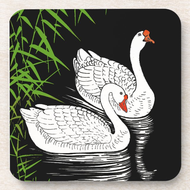 Zwei Swans auf einem Pool - Weiß auf schwarzem Hin Getränkeuntersetzer (Vorderseite)