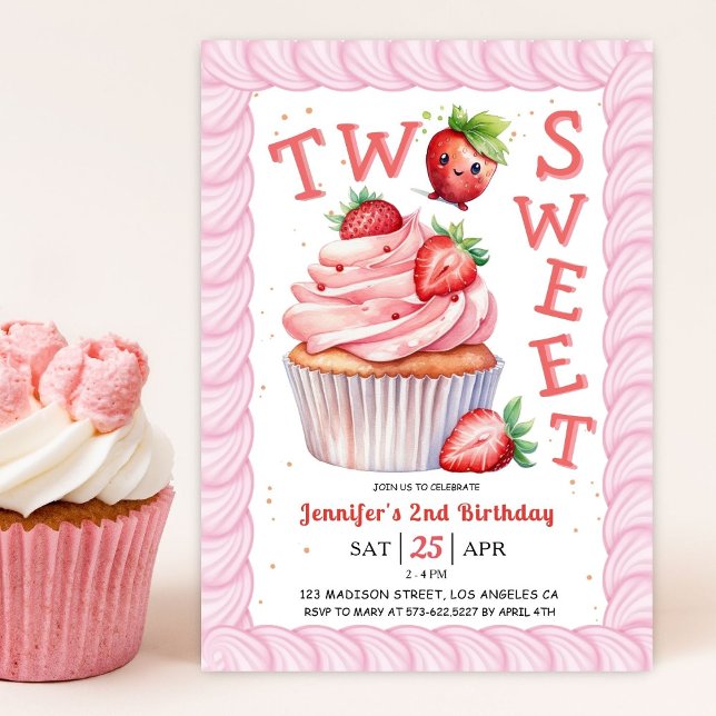 ZWEI Sweet 2. Geburtstag Pink Girl Strawberry Einladung (Von Creator hochgeladen)