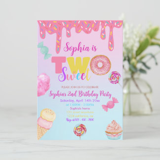 Zwei Sweet Girl Donut Pink Süßigkeiten 2. Geburtst Einladung