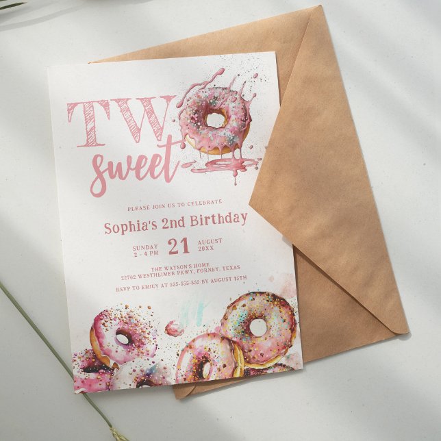 Zwei Sweet Pink Donut Girl 2. Geburtstag Einladung (Von Creator hochgeladen)