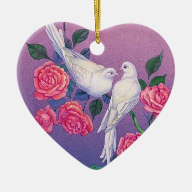 Zwei Tauben und Blumen auf einem Herzen Keramikornament (Vorne)