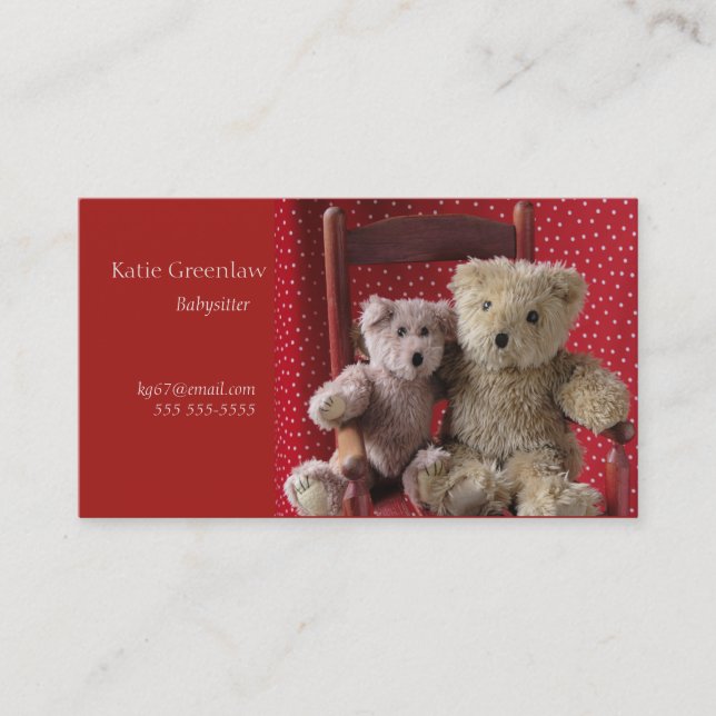 Zwei Teddybären in einem roten Sessel Babysitter Visitenkarte (Vorderseite)