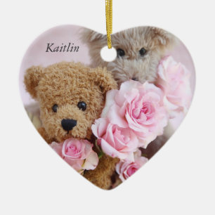 zwei Teddybären mit Herzverzierungen von Rose Keramikornament