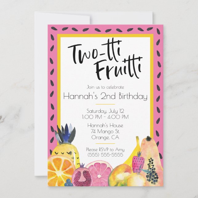 Zwei-Ti Fruitti tropische Früchte Thema 2. Geburts Einladung (Vorderseite)