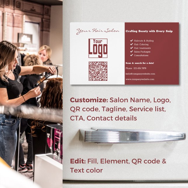 Zwei-Tone-Elegance: Beruflicher Friseur Magnetische Visitenkarte (Dual-Tone Elegance: Professional Hair Salon Business Card Magnet, Custom Logo, QR code, Tagline)