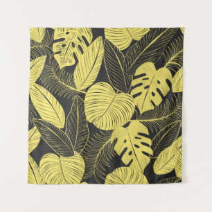 Zwei Tone Gelb tropisches schwarzes Leaf Nahtloses Wandteppich