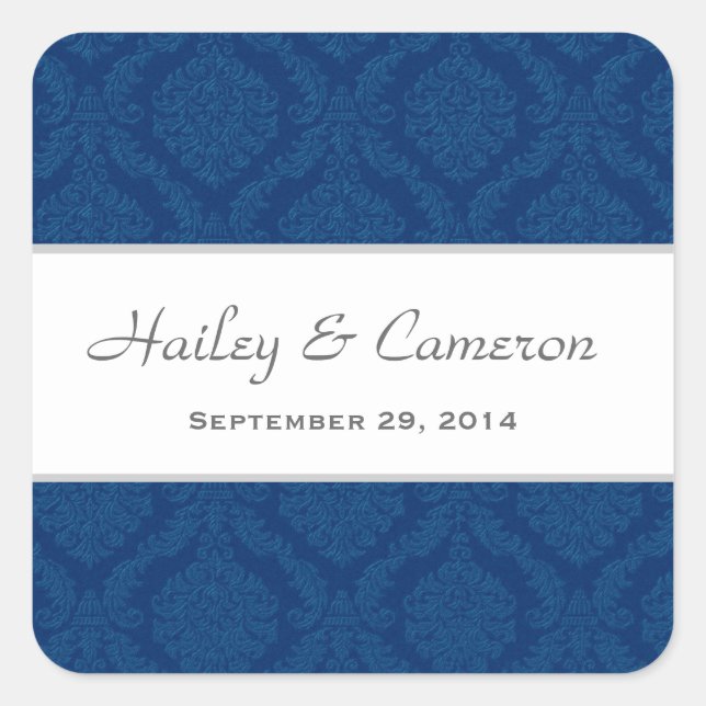 Zwei Tone Navy Blue Damask Wedding V16 Quadratischer Aufkleber (Vorderseite)