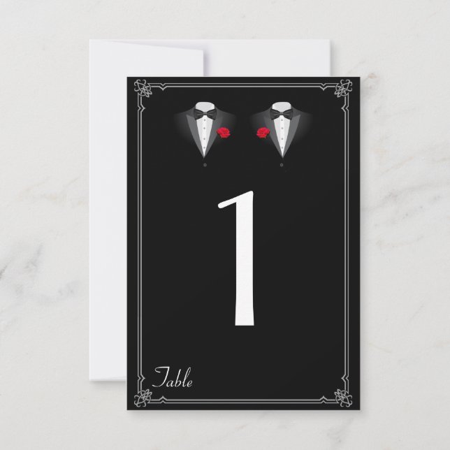 Zwei Tuxedos mit Rote Rose Gay Wedding Tischnummer (Rückseite)