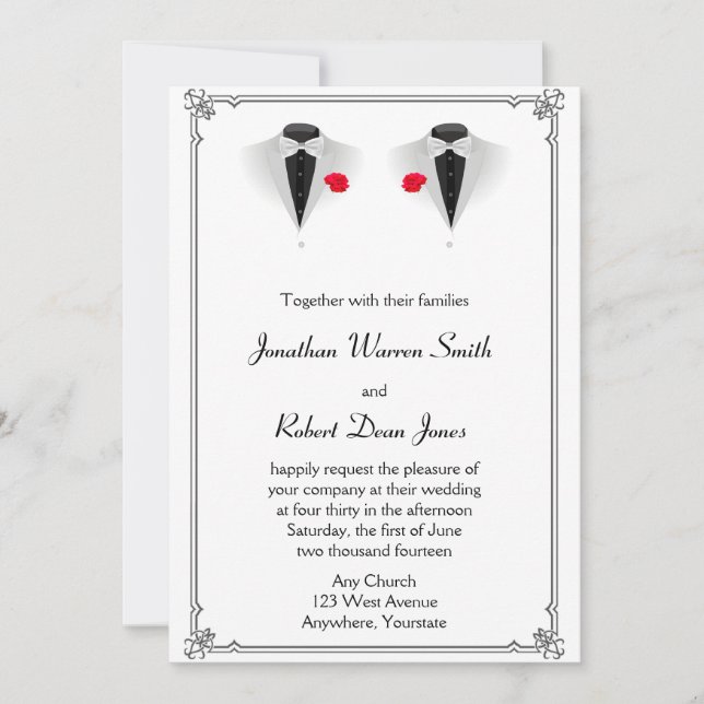 Zwei Tuxedos zur Einladung von White Gay Wedding (Vorderseite)