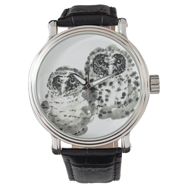 Zwei Uhenküken ahmen Tinte Armbanduhr (Vorderseite)
