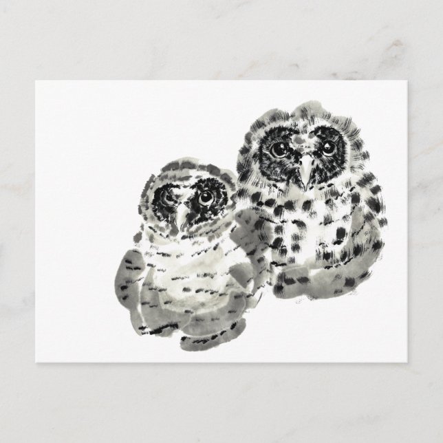 Zwei Uhenküken ahmen Tinte Postkarte (Vorderseite)