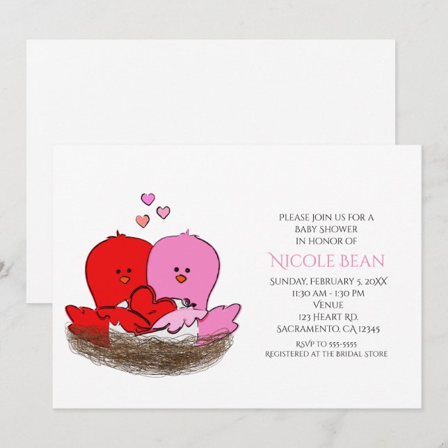Zwei Valentine's Birds Baby Shower Einladungen (Vorne/Hinten)
