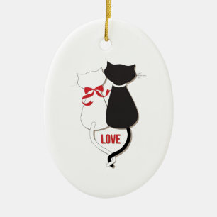 Zwei verliebte Katzen, Rot, Schwarz, Herzen Keramikornament