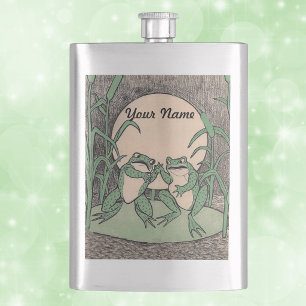 Zwei Vintage lustige Liebe grüne Frösche Mond Flachmann